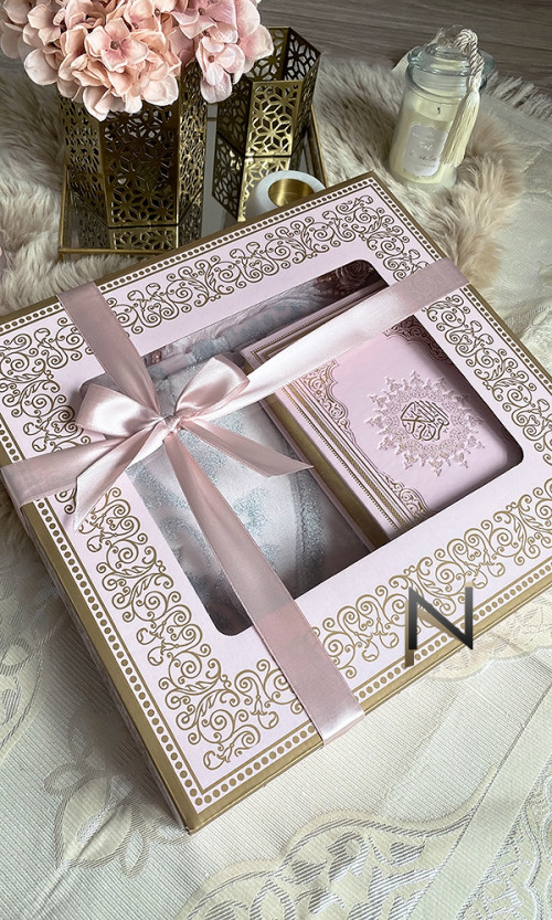 Premium Mini Koran Samt Rosa Kuran-i Kerim arabisch 6x4,5 cm tesbih Set 